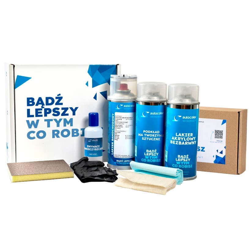 Lakier samochodowy w sprayu 400 ml każdy kolor + zestaw do lakierowania tworzyw sztucznych
